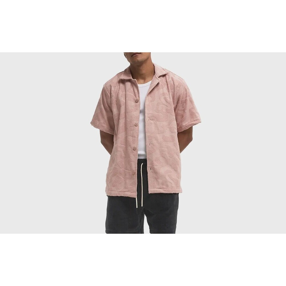 OAS Button Up Shirt Mens Large Pink Blush Puzzlotec Cuba Terry Short Sleeve